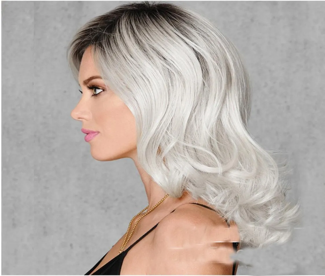 Peruca de cabelo sintético encaracolado cinza longo cabelo preto e branco perucas inteiras 2314274