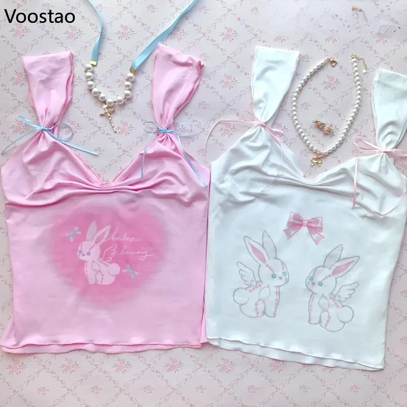 Camis Sweet Lolita Princess Crop Top Femmes Été Streetwear Kawaii Lapin Imprimé Mignon Slim Camis Fille Y2k Esthétique Kawaii Vêtements Gilet