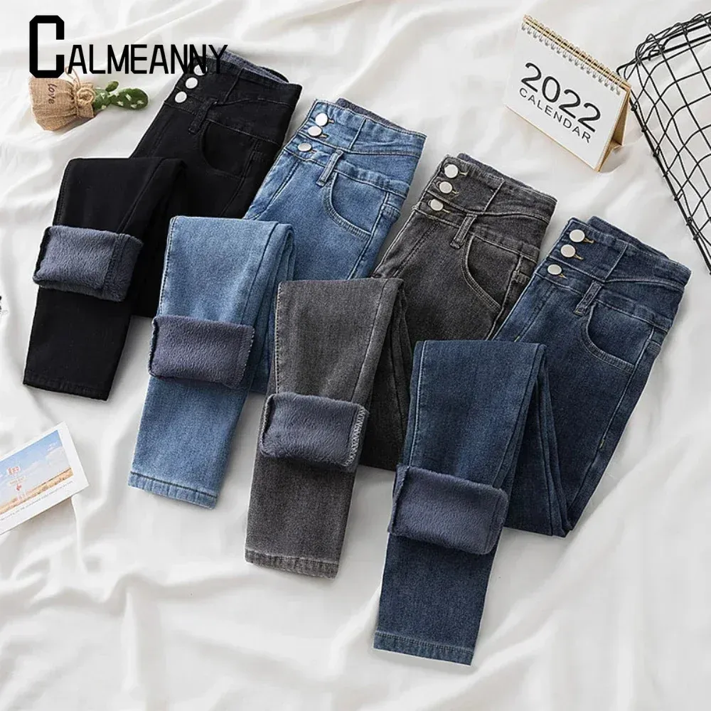 Jeans xs4xl mulheres velo forrado inverno jegging genie magro moda jeggings leggings 2 bolsos reais mulher calças de fitness 240301