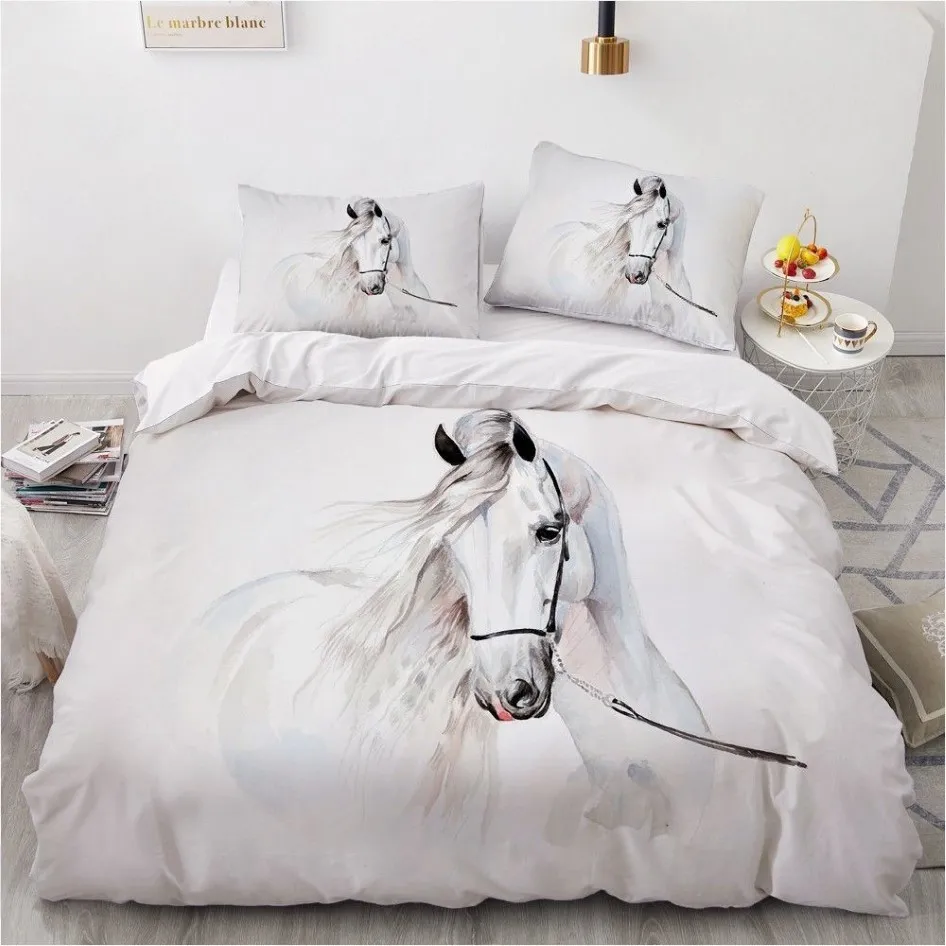 Set di biancheria da letto per cavalli Set di copripiumini per animali di design personalizzato 3D Federe per cuscini in lino bianco Completo King Queen Super King Twin Size 20112203y