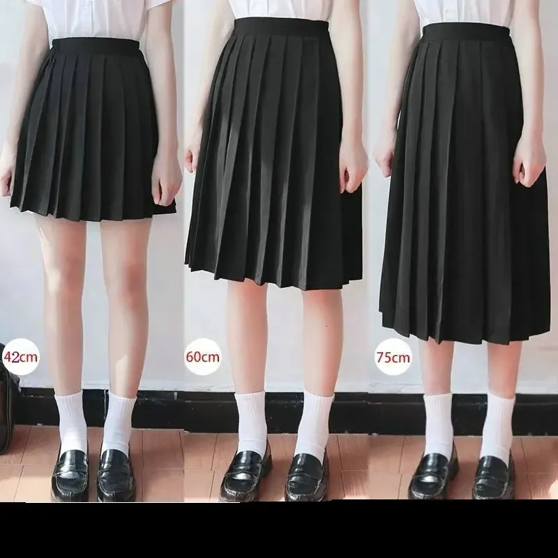 Japanese Student Girls Skirt School Uniform Solid Color Suit Pleated ShortMiddleLong High Elastic Waist Dress 240226