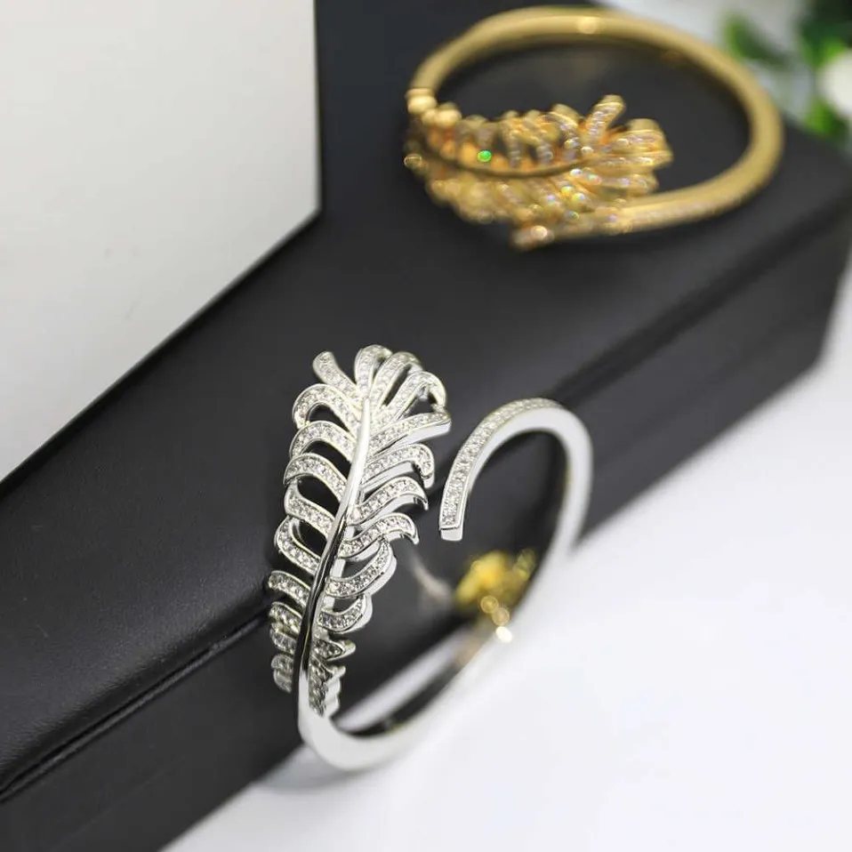 Temperamento moda luxo ouro pena pulseira prata marca jóias femininas aaa zircão brilha romântico clássico festa st337b