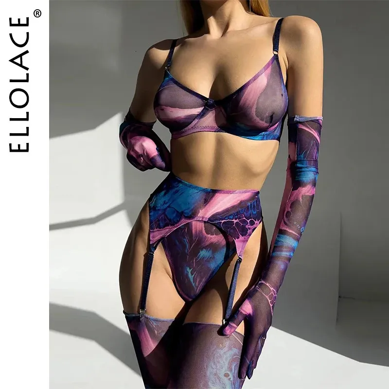 Ellolace Tie Dye Lingerie avec manches de bas sous-vêtements fantaisie sexy 5 pièces non censuré intime voir à travers des tenues sensuelles en maille 240305