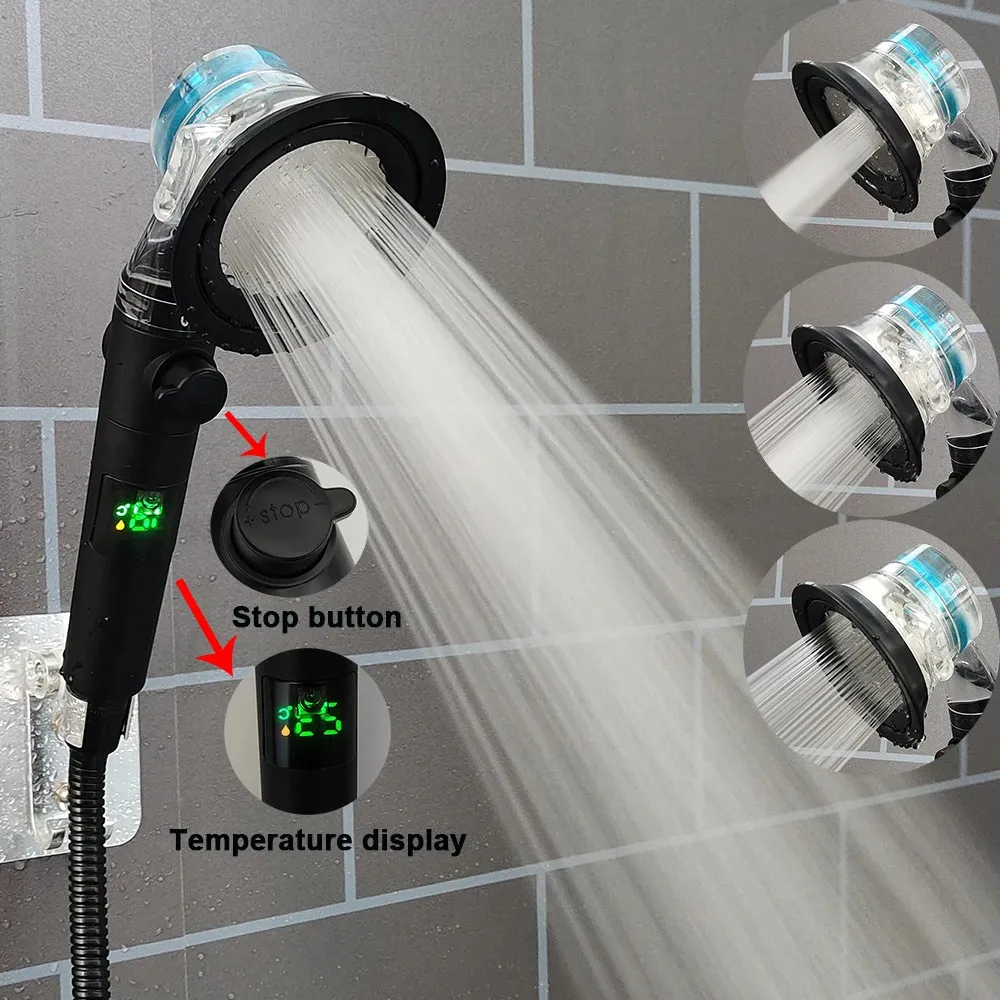 Wyświetlacz temperatury Turbo śmigło prysznicowe głowica pod prysznicem pod wysokim ciśnieniem oszczędzanie wody z przyciskiem zatrzymania ręczna łazienka 240301