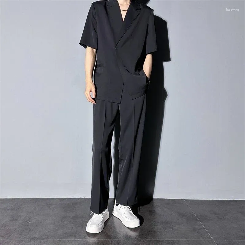 Men's Tracksuits Suit Shirt Pants Fashion Light Mature Handsome Shoulder Pad Ice Silk Thin 2 Piece Set Clothes Black Business Casual