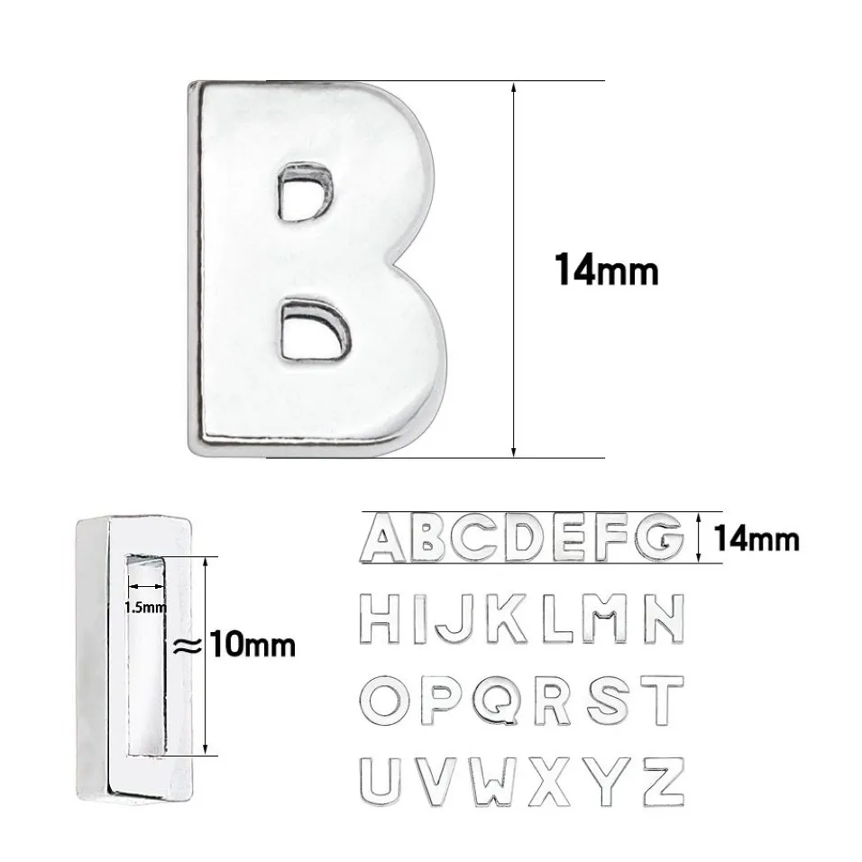 1300pc lot 10mm Plain Slide letter A-Z silver color chrome diy charms English alphabet fit for 10MM leather wristband keychains298Y