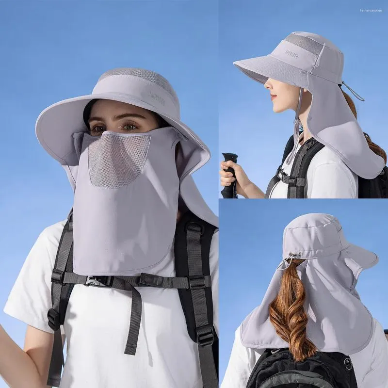 ワイドブリム帽子夏の女性メリル分離可能なフェイスマスクショール帽子と穴のある屋外バイザー保護キャップビーチ日焼け止め