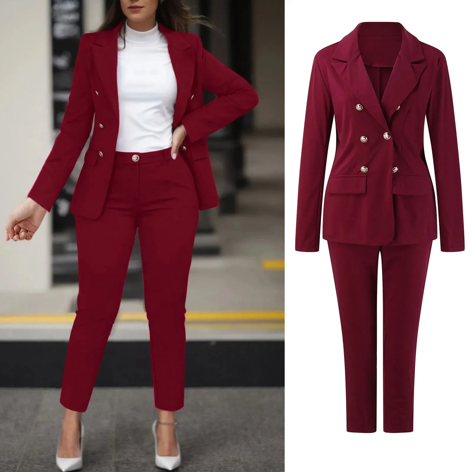 Conjuntos de pantalón de dos piezas para mujer, Blazers formales de negocios con doble botonadura, chaqueta y pantalones, conjunto de 2 piezas, trajes de pantalón elegantes para mujer 240226