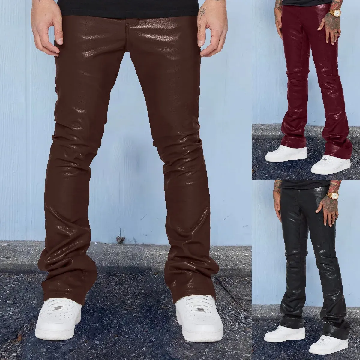 Pantalon pour hommes pantalons en cuir automne nouveau street décontracté mode couleurs solides cloche fond joker joker pantalon décontracté hommes