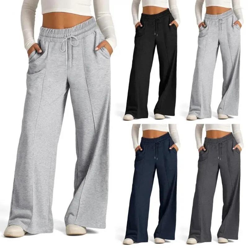 Women's Pants Women High Waisted Trousers Comfortable Wide Leg Sweatpants With Elastic Drawstring Waist Pockets For Sport Lounge Wear