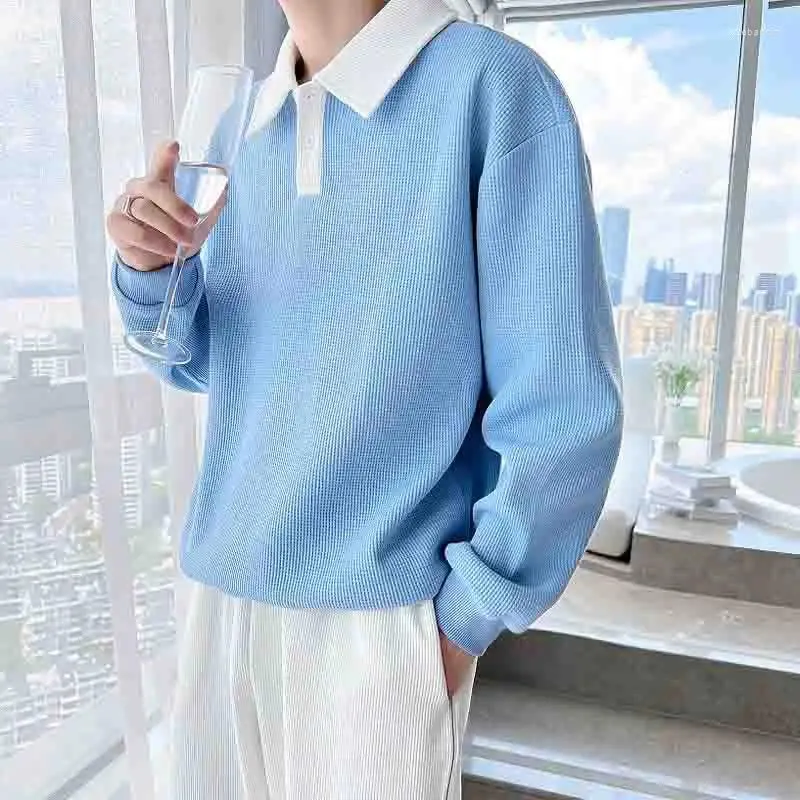 メンズTシャツワッフル格子縞のプリント長袖ポロメンズシャツ韓国ファッションスプレッチカジュアル2xL特大のプルオーバーハラジュクパンク服