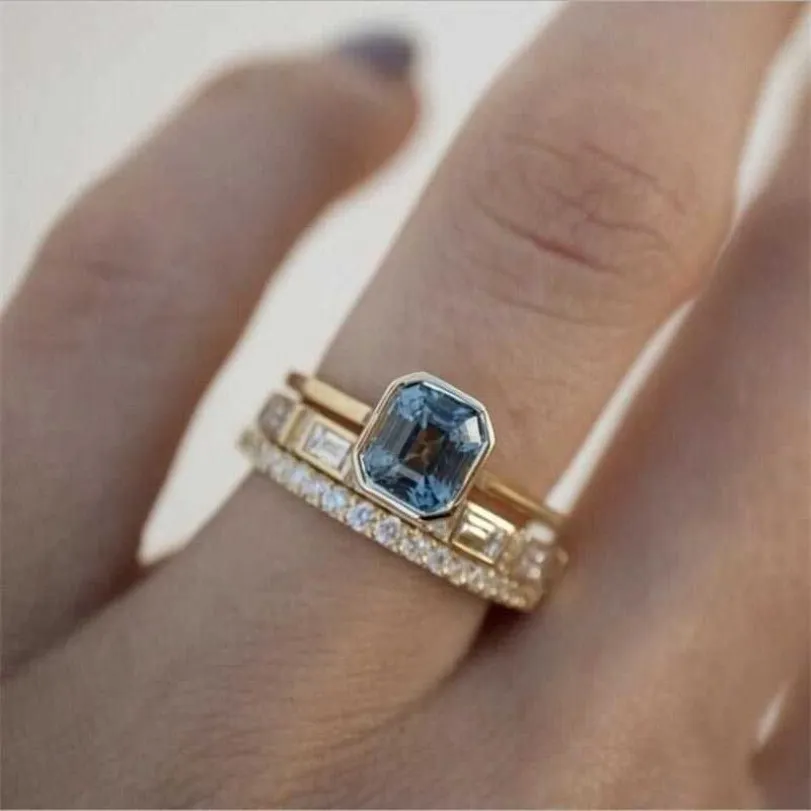 3pcs кислотные голубые кристаллические кольца для женщин Мода Мода Желтое Золотое Свадебное Женское кольцо