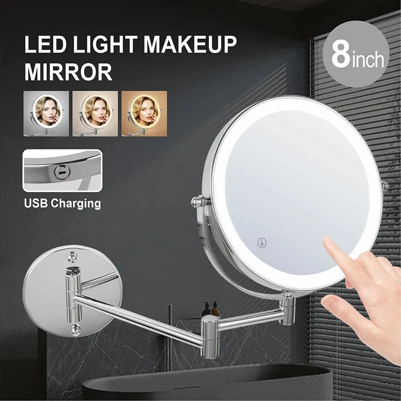 8 inch Wall Mounted Makeup Mirror 5710X Magnifying Double Side Folding Arm Extend USB Charging Bathroom Smart Cosmetic Mirrors 240228