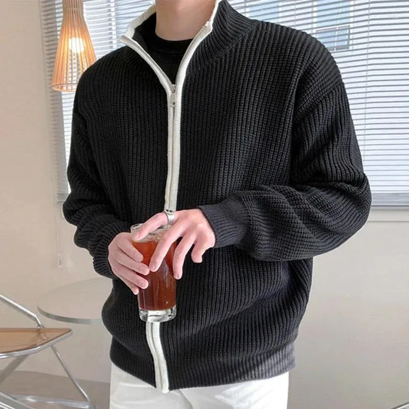 Men's Sweaters 2024 Winter Luxury Knitted Zipper Cardigan Sweater Stand Collar Solid Color Long Sleeve Casual Streetwear Loose Coat