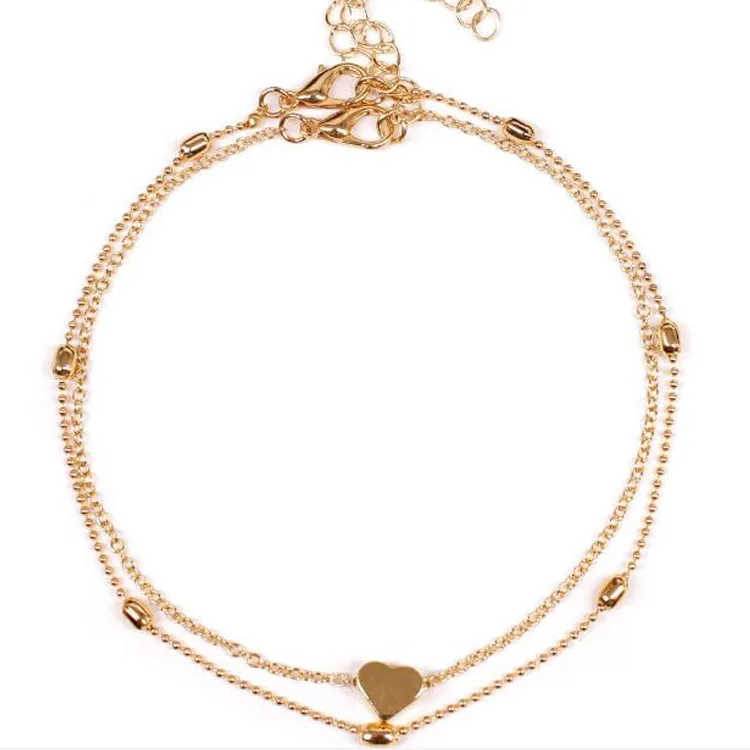 Boho podwójnie warstwowy kształt Anklets Gold Silver Love Heart Anklet Bead Chain Plaży For Women and Girls 2466