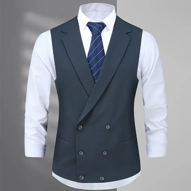 Gilets grande taille col de costume couleur unie gilet hommes d'affaires décontracté grande taille sans manches meilleur homme costume gilet Double boutonnage