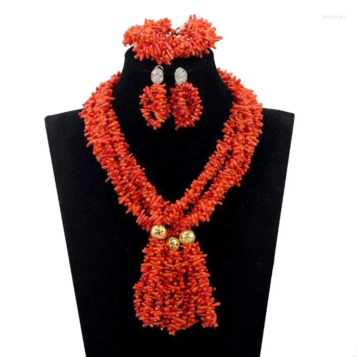 Ensemble de collier et boucles d'oreilles pour femmes, bijoux de mariage nigérians, puces de corail, pendentif Long fait à la main, accessoire de mariée africaine