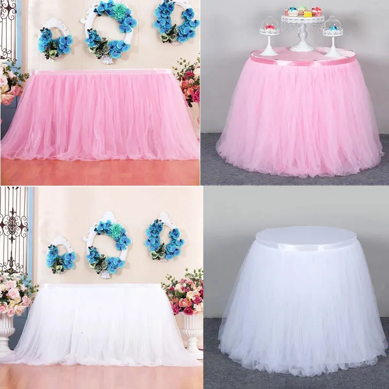 Różowy spódnice urodzinowe Tiul Tiulle Skirting Wedding Party Tutu Tableskirt Baby Shower Płeć Ujawnia jednorożec Dekor Home Decor 240307