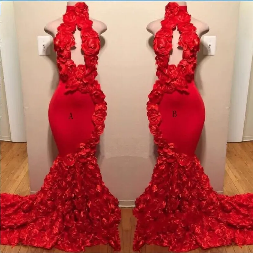 Red Rose Mermaid Prom Dresses New Sexy High Neck Appliques Formal Evening Dresses Sweep Train Cocktail Party Gowns S244H