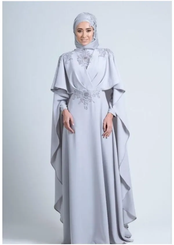 Abiti da sera musulmani a maniche lunghe al collo alto Applique Applique raso hijab formale hilamic dubai kaftan kaftan arabo saudita lunghezza abito da sera