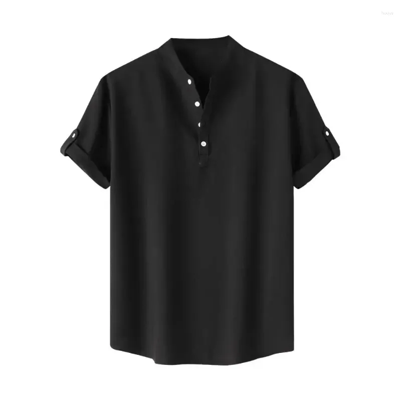 Homens camisetas Homens Soft Top Elegante Camisa de Verão com Stand Collar Cufflink Detalhe Design Slim Fit para desgaste casual ou de negócios