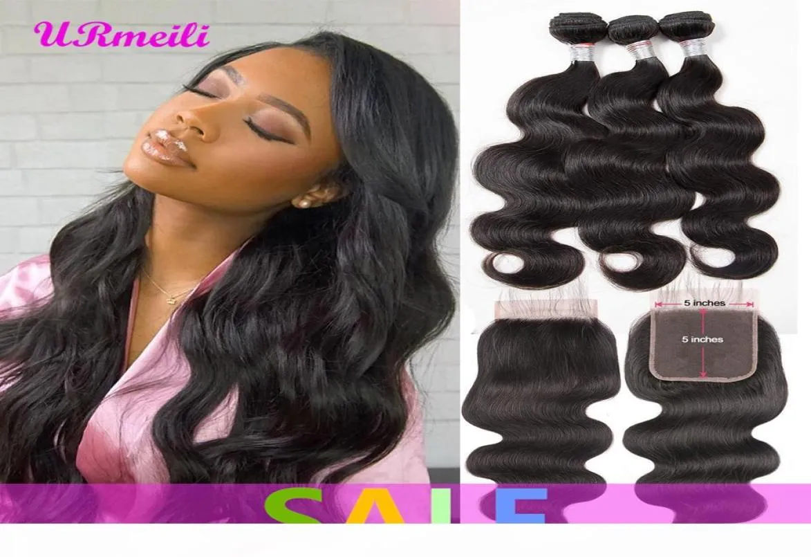 Indian Body Wave Menselijk haar 3 bundels met 5x5 sluiting Raw Virgin Indian Hair Weave Body Wave-bundels Natuurlijke kleur Remy-haar Exte8471629