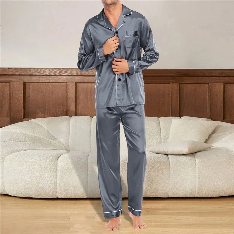 Мужской шелковый атласный пижамный комплект, одежда для сна, пижамный костюм для отдыха, женский комплект для сна, пижама с длинными рукавами из двух предметов 240307