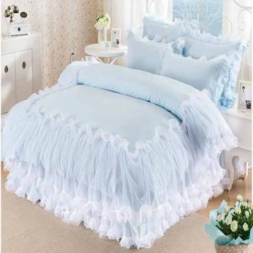 Solid Color Lace Bedding Set King Queen Size 4pcs Sky Blue Polyester Cotton Korean Princess Bedspread Girls Gift Duvet Quilt Cover216f