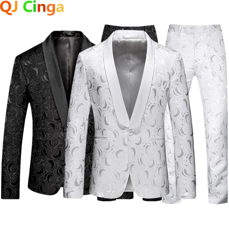 Suits White Rose Pattern Twopiece Suit for Men's Wedding Business Dress Coat and Trousers Fashion Slim Fit Terno Masculino M5XL 6XL