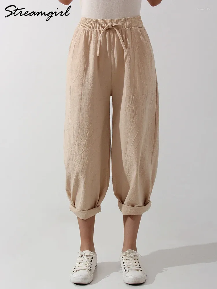 Pantaloni da donna Abiti di lino larghi Pantaloni larghi da donna Capris estivi Moda coreana Gamba di base in cotone solido