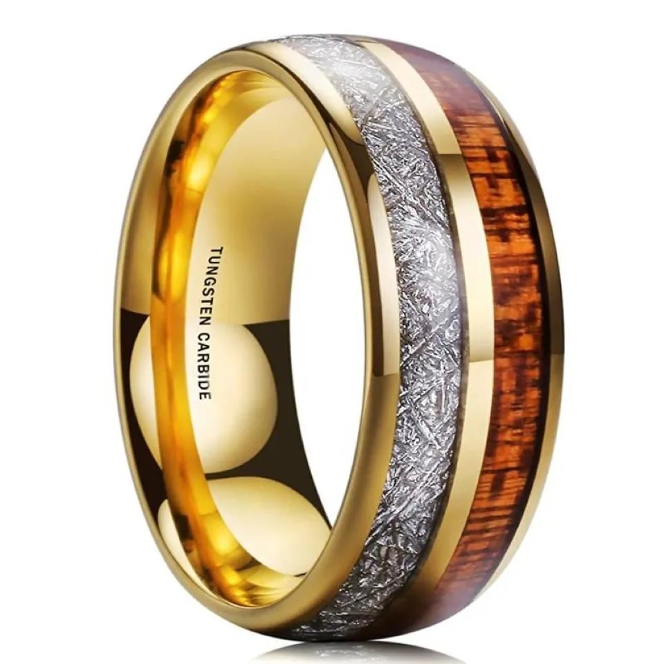 Bröllopsringar Trendiga 8mm Men's Golden Stainless Steel Ring Hawaiian Koa Wood and Meteorites Inlaid Dome Engagement Bandweddin315b