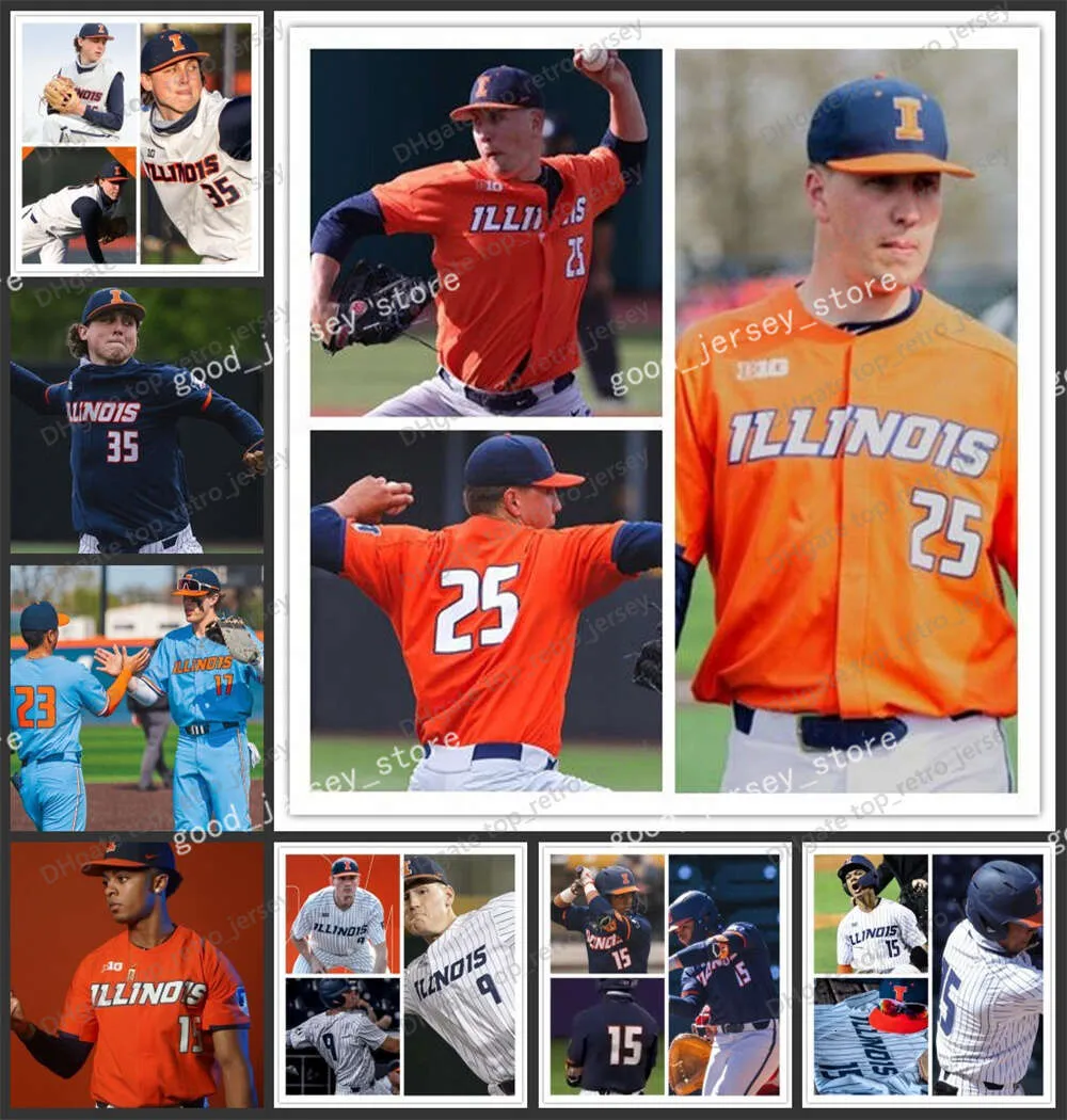 Illinois Fighting Illini Maillot de baseball cousu sur mesure pour homme Andrew Pogue Izaak Siefken Ryan OHara Payton Hutchings Cole Kirschsieper Maillots de l'Illinois