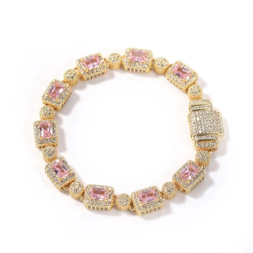 Pulsera de tenis de circonita rosa con incrustaciones de cobre de Hip Hop para hombres y mujeres, pulseras de cristal mezcladas de diamantes de 7 pulgadas y 8 pulgadas, accesorios de joyería 290m