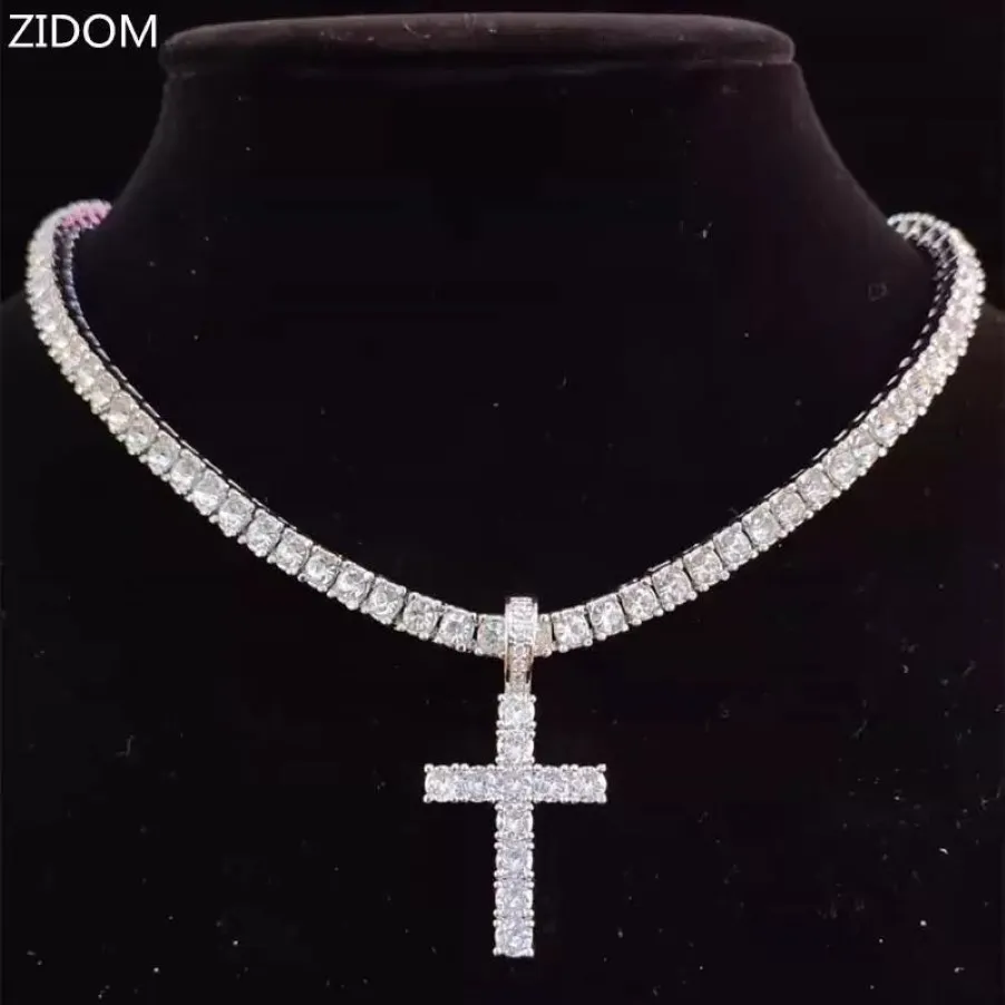 Designers halsband kubanska länk Guldkedjekedjor Cross -halsband med 4mm zirkontenniskedja Iced Out Bling204e