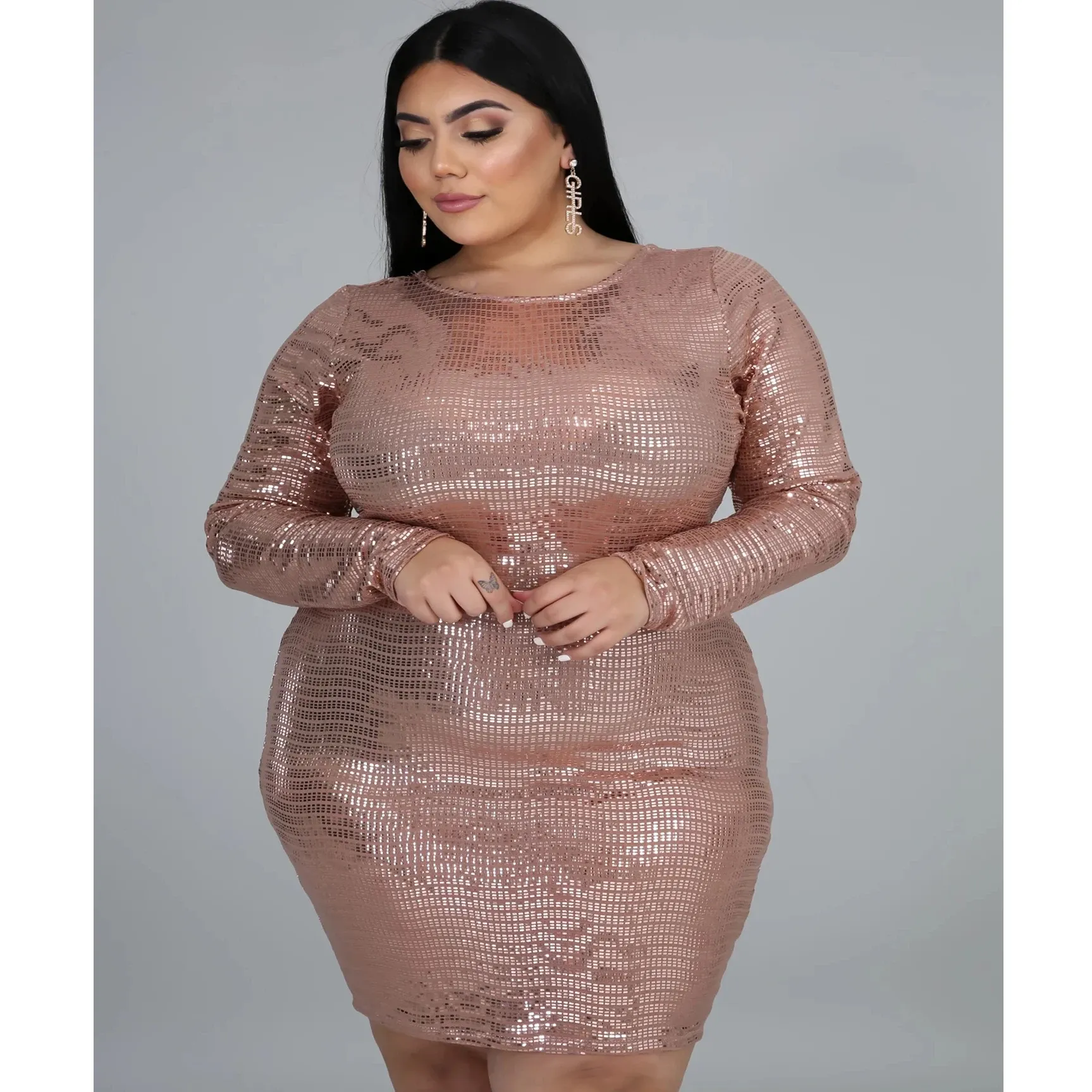 Robes Robe femme 5xl Sexy col rond manches longues paillettes mode élégante taille haute grande taille robes en gros livraison directe