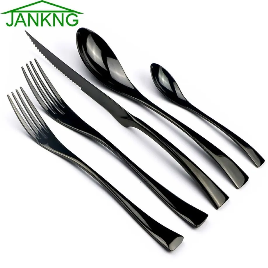 jankng 5pcsセットカトラリーセット18 10ステンレススチールブラックディナーウェア鋸歯状シャープステーキナイフ食器セットサービス1280pのサービス