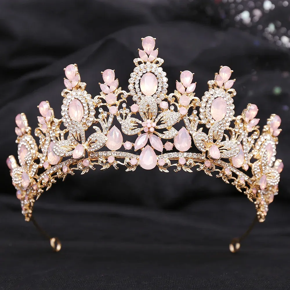 Luxury Pink Opal Royal Queen Wedding Crown Rhinestone Crystal Bridal Diadem Pageant Headdress Bride Tiara Hair Jewelry Accessory 240305
