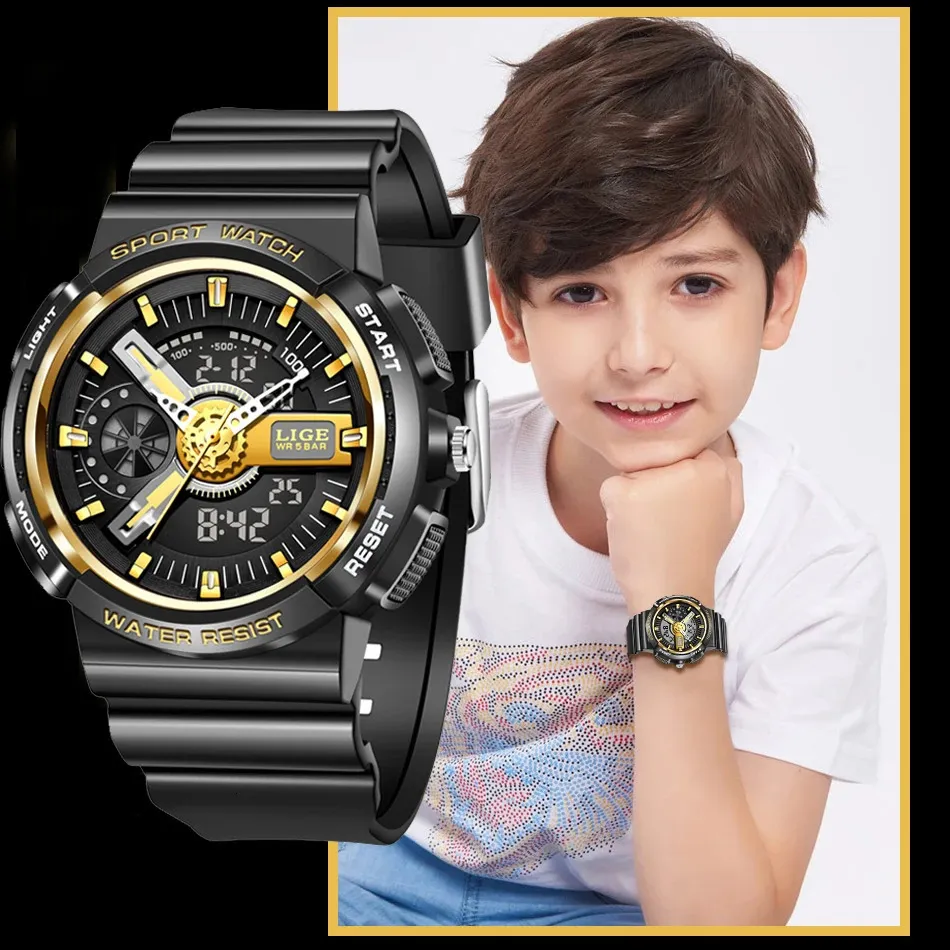 LIGE Military Kids Sport Watches 50M Waterproof Electronic Wristwatch Stop Watch Clock Children Digital For Boys GirlsBox y240226