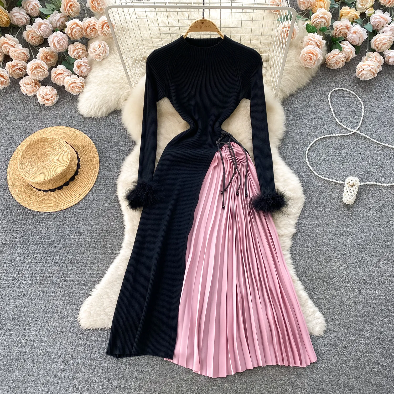 Women Casual Dresses Fashion Designer Women's Knitted Patchwork Pleated Dress Autumn Knitting Long Ostrich hair Sleeve O Neck Belt Midi Dress 2024