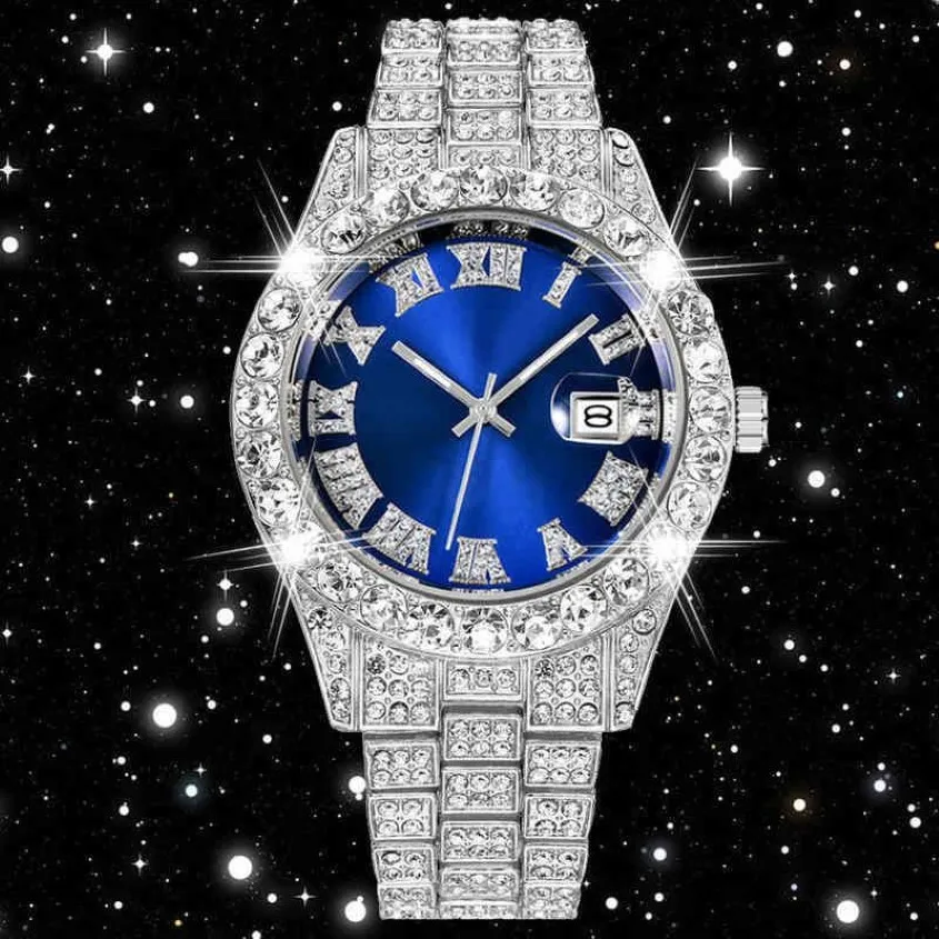 Lodowe zegarek z cyrkonią sześcienną niebieską twarz hip hop moda Wysoka jakość Diamentowa bransoletka AAA kwarc ze stali nierdzewnej zegarek dla men299e