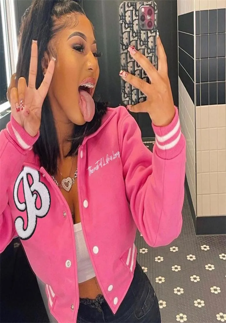 Giacche da baseball Donna Monopetto Lettera Hip Hop Streetwear Crop Top Varsity Bomber Giubbotti Casual College Cappotti Rosa 2208112669481