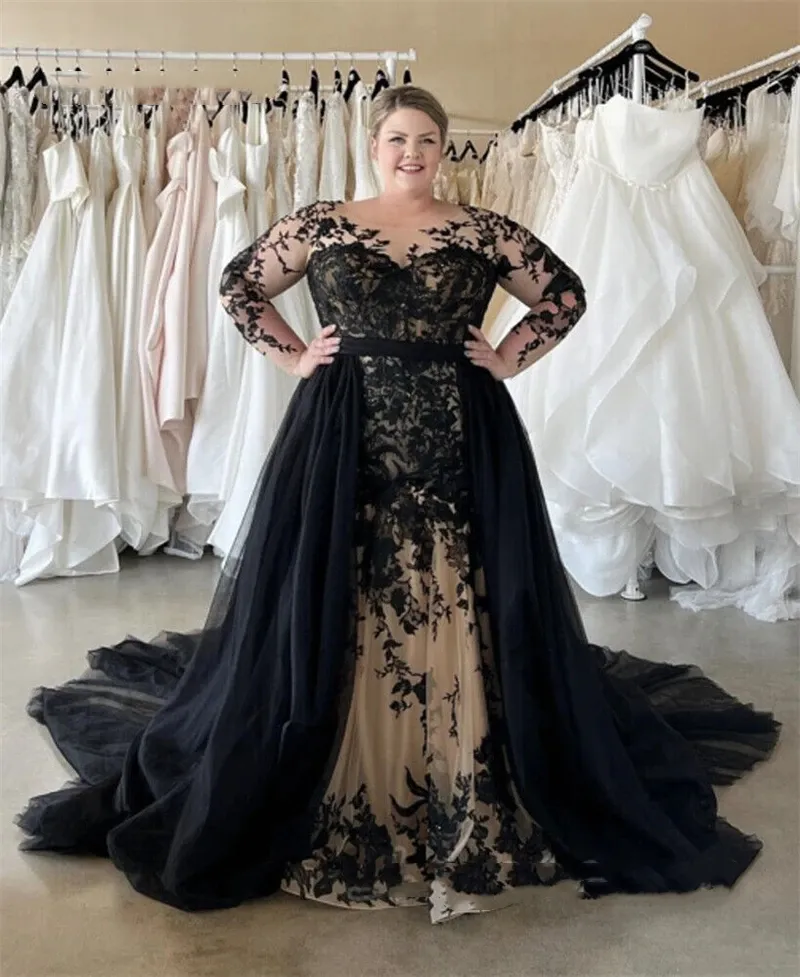 Plus Size Mermaid Wedding Dresses Black And Champagne Long Sleeves