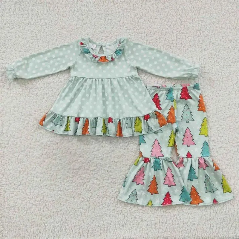 Ensembles de vêtements en gros enfant en bas âge enfants manches longues points verts volants tuniques hauts enfants tenue bébé fille arbre cloche bas pantalon noël