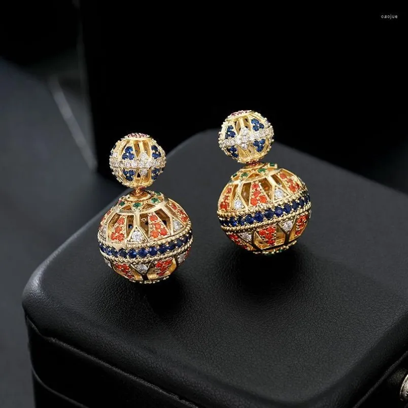 Boucles d'oreilles JZYD luxe creux concepteur coloré Zircon deux côtés boule Vintage Enthic bijoux pour les femmes fête Gift304O