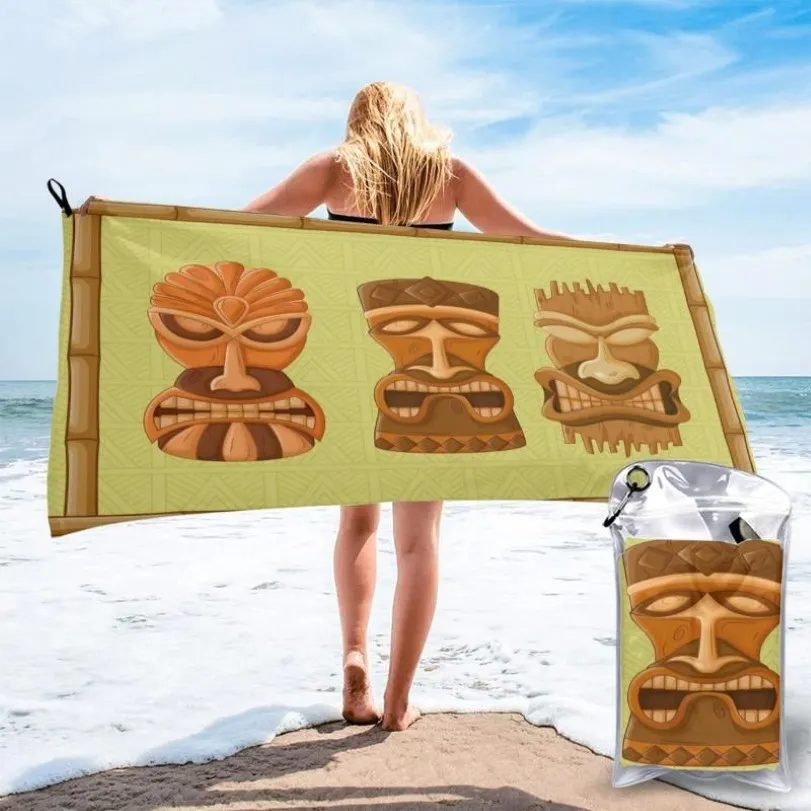 Serviette de plage à séchage rapide, masque Tribal Tiki hawaïen, coussin de bain, sable personnalisé, 2751