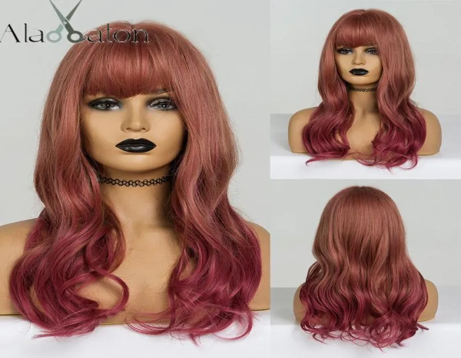 ALAN EATON Ombre Brown Red Wig Long Wavy synthetic Wigs with Bangs for Black Women Heat Resistant Wig Lolita Cosplay6446257