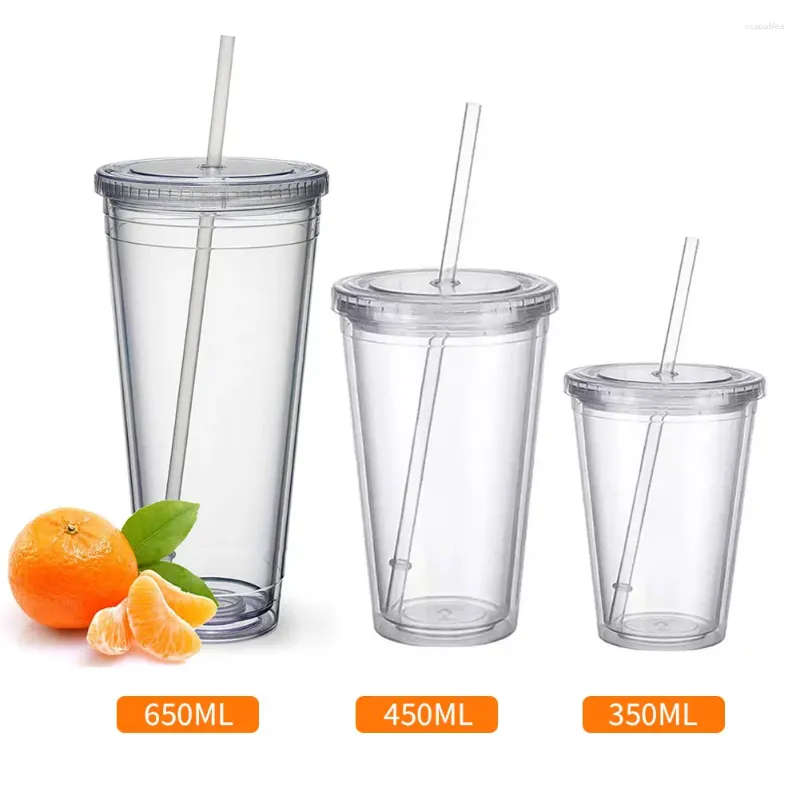 Water Bottles 350ml/450ml/650ml Clear Tumbler With Straw Reusable Transparent Double-layer Bottle For Coffee Milk DIY Smoothie Cup Drink