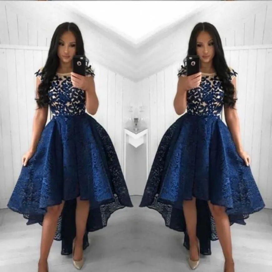 New Navy Blue Cocktail Dresses 2019 Arabic Dubai Style High Low Lace Formal Club Wear Homecoming Prom Party Gowns Plus Size Custom240t