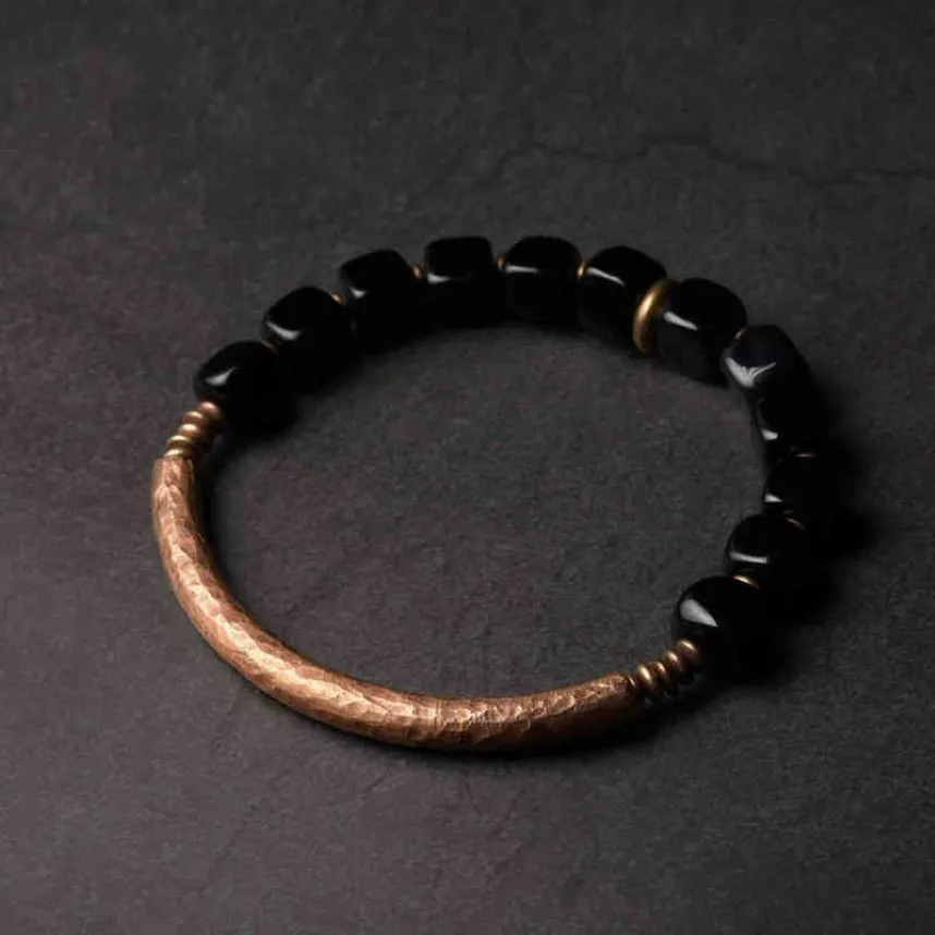 Projektant Bangle Designer Cubic Black Obsidian Bransoletka z ręcznie wykonanymi antycznymi akcesoriami miedź