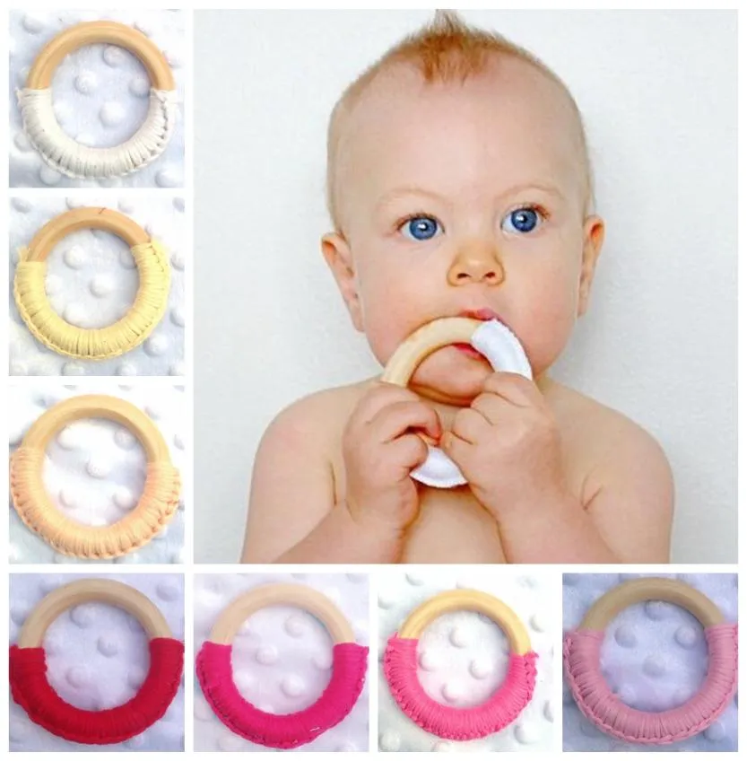 20pcs Newborn Safety Wooden cotton Teethers Nature Ring Baby Chew Circle Round Crochet Soothers Infant Training Ring Handmade toys4122248
